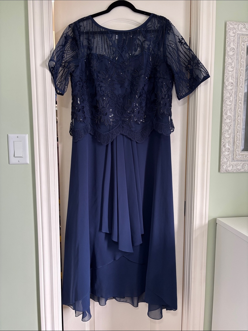 Navy Blue Lace High-Low Evening Dress